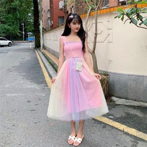 Zomer Koreaanse Onsterfelijke Regenboog-Gekleurde Hoge Taille Afslanken Fee Jurk Thee Party Lolita Jurk Zoete Lolita Pop