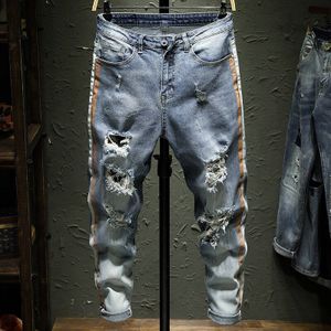 Mannen Skinny Stretch Ripped Jeans Mannen Gedrukt Kant Streep Slanke Heren Jeans Joggers Denim Broek Rits Broek