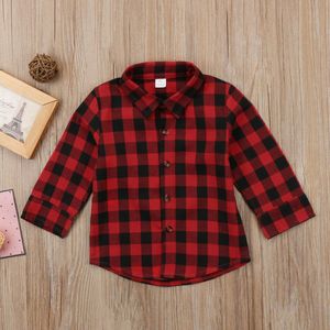 Pudcoco Herfst 2-7Y Peuter Kids Baby Meisje Jongen Terug Brief Afdrukken Rode Plaid Tops Overhemd Boluse Lange Mouw Enkele breasted