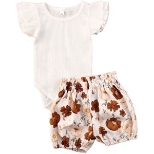 0-24M Pasgeboren Baby Meisje Gebreide Geribbelde Tops Body Bloemen Bottoms Shorts 2Pcs Sunsuit