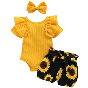 Baby Zomer Kleding Meisje Bloemen Kleren Kinderen Korte Mouw Romper Pasgeboren Jumpsuit + Meisjes Zonnebloem Tutu Shorts 3Pcs Outfits set