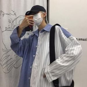 Mannen mode streep patchwork oversize shirt Koreaanse stijl casual blouse unisex vintage punk hip hop plus size lange mouwen shirts
