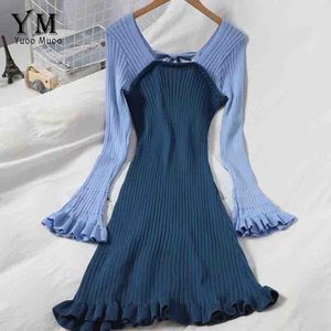 YuooMuoo Ins Sexy Bodycon Dress Women Autumn Color Patchwork Short Knitted Sweater Dress Slim Ladies Party Dress