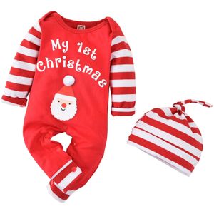 Pasgeboren Baby Meisjes Jongens Lange Mouwen Kerstman Jumpsuit Kerst Streep Print Ronde Hals Een Stuk Lange Broek Hoed Lente herfst