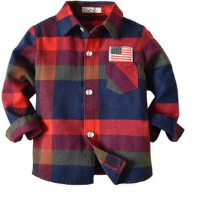 Lente En Herfst Jongens Shirt, rood Blauw Grote Controleren Patroon Revers Lange Mouwen Single-Breasted Top Kinderen Casual Wear