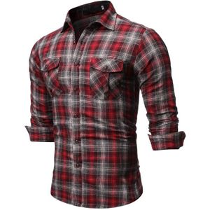 Dubbele Pocket Lange Mouwen heren Shirt Casual Plaid Shirt Voor Mannen Revers Blouse Man Over size Dark red