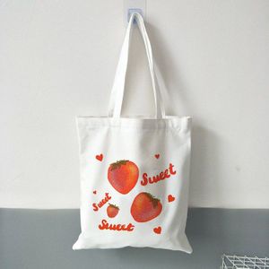 Vrouwen Canvas Schouder Draagtas Chic Aardbei Gedrukt Boodschappentassen Vrouwelijke Handtas Herbruikbare Shopper Tote Bag