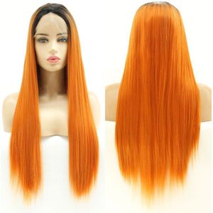 Bombshell Zwart Ombre Oranje Kleur Synthetische Lace Front Pruik Rechte Hittebestendige Vezel Haar Middenscheiding Voor Vrouwen Pruiken
