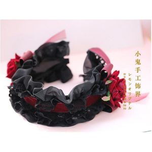 1Pc Lolita Gothic Handgemaakte Lolita Kc Haarband Strik Rose Lace Hoofddeksels Vintage Paleis Stijl Japanse Meisjes Hoofdband B519