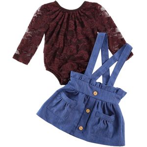 Focusnorm Baby Baby Meisjes Kleding Sets Lace Lange Mouw Romper Top Blauw Denim Pocket Knoppen Overalls Jurk