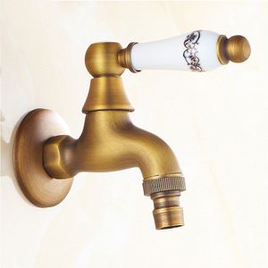 Antiqeu Messing Keramische handvat Keuken Kraan Wall Mounted Wasmachine Kraan Basin Sink Mengkraan Wasserij Badkamer Mop Kraan