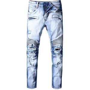 Sokotoo mannen lichtblauw gaten ripped biker jeans voor motorfiets Plus size slim fit verontruste stretch denim broek Broek