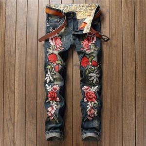 Heren Jeans Mannen Gescheurd Gescheurd Skinny Slim Ppants Borduren Rose Blauw Geen Stretch Mannen Broek Hip Hop Streetwear Lente herfst