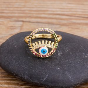 Mode Lucky Evil Eye Regenboog Ringen Koper Micro Pave Kubieke Zirkoon Verstelbare Ring Sieraden Fijne Party Bruiloft