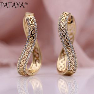 PATAYA Unieke Wave Grote Cirkel Oorbellen Vrouwen Sieraden 585 Rose Gold Micro Wax Inlay Natuurlijke Zirkoon Lange oorbellen