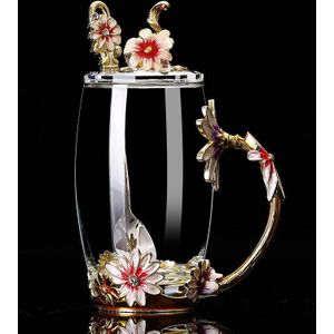 Rose Emaille Crystal Tea Cup Mok Rose Geschilderde Bloem Water Cups Helder Glas Met Lepel Set