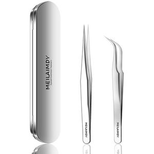 Meilaimdy Pincet Voor Wimper Extension-Rechte En Gebogen Puntige Tip Set 2 Stuks Zilver Premium Roestvrijstalen Pincet