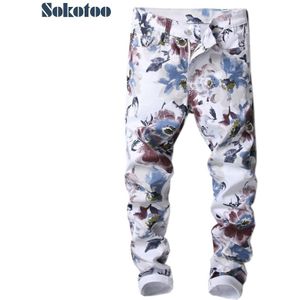 Sokotoo mannen mode slim fit bloem 3D gedrukt jeans Bloemen patroon print skinny stretch denim broek