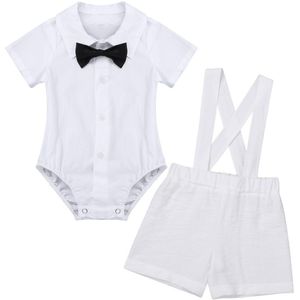 Baby Baby Jongens Doop Outfit Korte Mouwen Revers Jumpsuit met Strikje Jarretel Linnen Set party bruiloft verjaardag kleding