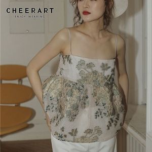 Cheerart Spaghetti Strap Top Zomer Jacquard Cami Top Geborduurde Bloemen Backless Transparante Top Femme Bustier Top