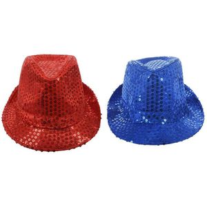 2Pcs Sequin Trilby Hoed Top Hat Fancy Dress Party Hen Stag Night Dance Theatre Toont-Red & Blue