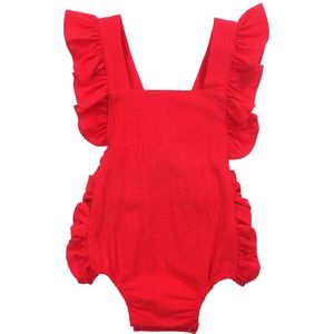 Zomer 0-24M Baby Meisje Mode Effen Kleur Jumpsuits Rode Vliegende Mouwen Backless Driehoek Gewikkeld Romper Playsuit