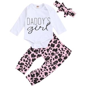 Pasgeboren Baby Meisjes 3 Pcs Outfits Brief Gedrukt Romper Top + Luipaard Lange Broek En Strik Hoofdband Kleding Sets