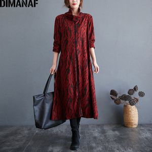 Dimanaf Plus Size Vrouwen Print Jurk Vintgae Coltrui Winter Lady Vestidos Dikke Losse Lange Mouwen Kleding Indie Folk