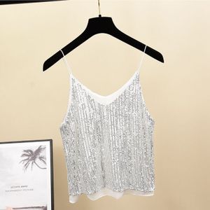 Sexy Pailletten Hemdje Top Meisjes V-hals Mode Lovertjes Tanks Tops Met Linning Voor Vrouw Zomer