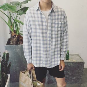 Plaid Katoen Comfortabele Indie Pop Jongen Losse Lange Mouwen Casual Heren Shirts