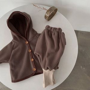 5510 Korea Baby Kids Kleding Set Herfst Winter Hooded Fleece Baby Pak Hooded Top + Broek Baby Jongens Meisjes kleding Bovenkleding