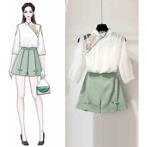 Zomer Kleding Voor Vrouwen Vintage Tweedelige Set Chinese 2 Delige Set Elegante Chiffon Tops + Broek Shorts Set 4922LW765