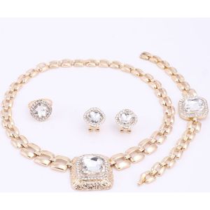 Afrikaanse Kralen Sieraden Sets Voor Vrouwen Jurk Accessoires Goud Kleur Crystal Wedding Bridal Ketting Oorbellen Armband Ring Sets