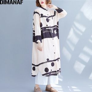 DIMANAF Plus Size Vrouwen Jurk Herfst Casual Print Big Size Vrouwelijke Lady Vestidos Losse Lange Mouw Jurk Button Dunne