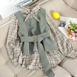 Neploe Retro Plaid Single-Borst Losse Bodem Shirt + Slanke Taille Riem Woolden Vest Herfst Elegante 2 Pcs Vrouwen set 46998