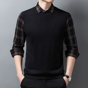 2022 Lente Midden-Aged Mannen Shirts Gewone Plaid Lange Mouwen Revers Mode Losse Casual Koreaanse Stijl stiksels Mouwen