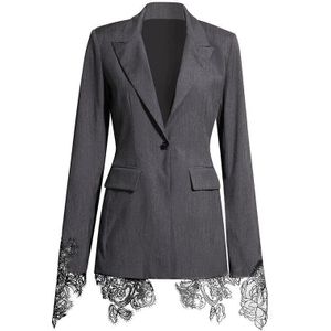 [Eam] Vrouwen Zwart Grijs Lace Split Joint Blazer Revers Lange Mouwen Losse Fit Jas Mode Tij Voorjaar herfst 1Z596
