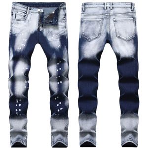 Quanbo Mannen Biker Jeans Herfst Winter Mode Wassen Two-Tone Wit Dot Jeans Straight Slim Fit denim Broek 38 40