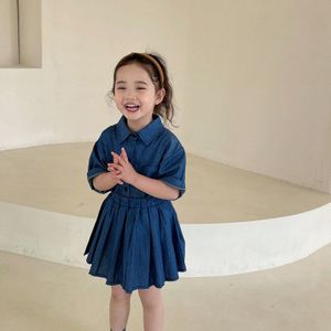 2044C Meisje Kleding Set 2022 Zomer Kinderen Denim Tweedelige Kleding Shirt + Plooirok 2-9Year Meisjes Pak