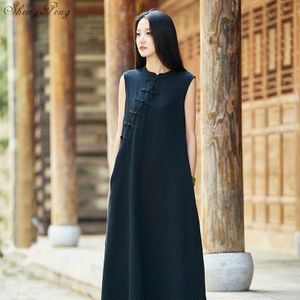 zomer chinese traditionele kleding vrouwen katoen linnen Cheongsam mouwloze losse jurk qipao V1586