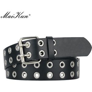 Maikun Halloween Dames Zwart Pu Lederen Riem Dubbele Uitlaat Air Gat Pin Gesp Mode Trend Tailleband Punk Goth Stijl