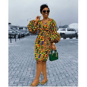 Afrikaanse Jurk Vrouwen V-hals Puffl Mouwen Bodycon Knielengte Gewaden Herfst Mode Gedrukt Jurken Plus Size Met Taille riem