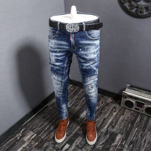 Streetwear Mannen Jeans Retro Blauw Elastische Slim Fit Ripped Cotton Denim Broek Hombre Geschilderd Hip Hop Lange Broek