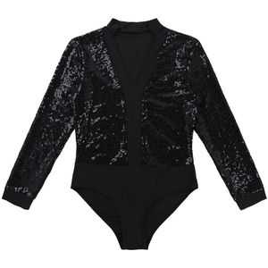 Mens Pailletten Latin Ballet Dans Shirt Maillots Lange Mouwen Hoge Cut Gymnastiek Unitard Bodysuit Volwassen Ballroom Romper Dancewear