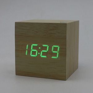 Houten Kubus Digitale LED Desk Alarm Thermometer Timer Kalender USB Klok B