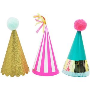 3Pcs Kleur Aluminium Film Kwastje Pompom Verjaardag Hoed 17Cm Hoge Streep Papier Goud Lint Nieuwjaar Kinderen Verjaardag party Hoed Zx08