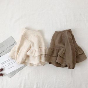 9144 Kinderen Koreaanse Herfst T-shirt Meisjes Linnen Blouses Ins Lotusblad Kant Band Mouw Mond Lange Mouw Katoen tops