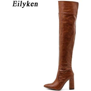 Eilyken Reliëf Vrouwen Hoge Hak Laarzen Chunky Hak Schoenen Microfiber Leer Lange Laarzen Over-De-Knie Botas mujer 2022