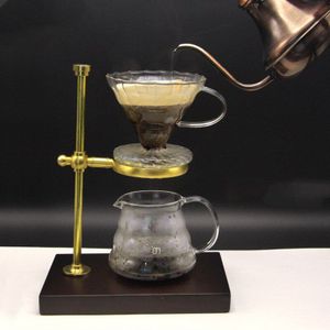 Hand Koffie Filter Houder Houten Basis Koperen Frame Verstelbare Koffie Druppelaar Pot Rack Houder Stand Koffie Accessoire