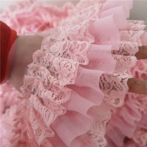 Roze Drie-layer Geplooid Chiffon Mooie Kant Lint Stof DIY Handgemaakte Trouwjurk Rok Kleding Hoed Maken Pop trim